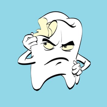The aching tooth with caries, a comic book character. Dental hygiene. Medicine and dentistry