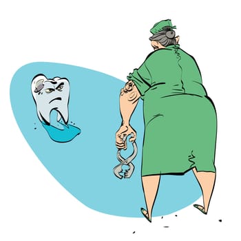 bad tooth and the dentist, color vector comic illustration. Woman doctor wants to pull a tooth