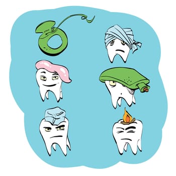 Dental set of tooth health and oral hygiene, color vector comic illustration. Pain and treatment. Toothpaste and dental floss. Caries and pulpitis
