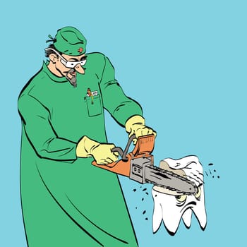 Dentist tooth saws chainsaw, Color vector comic illustration