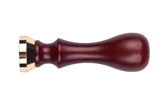 front view of personal stamp tool with wooden handle and metallic head isolated on white