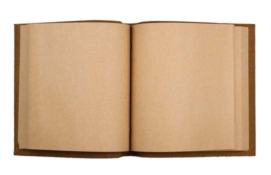 top view of open notebook with leather brown cover and white pages  isolated on white background