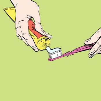 Man squeezing toothpaste on a toothbrush. Dental hygiene. Morning toilet