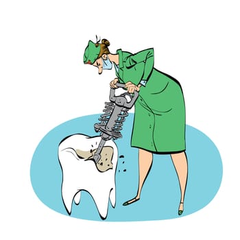 The dentist drills a tooth humorous illustration, color vector comic. A woman with a jackhammer drill of the tooth