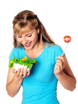 Woman with boul of salad and tomato, isolated on white.