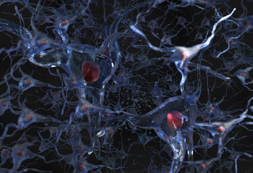 Illustration of human nerve cell net on a black 3d render