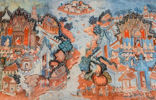 Ancient Buddhist temple mural painting of the life of Buddha inside in Phatthalung province ,Thailand