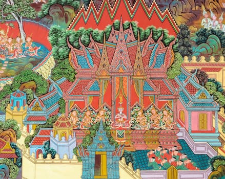 Ancient Buddhist temple mural painting of the life of Buddha, Thailand