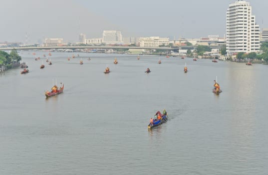 THAILAND-NOVEMBER,2:Rehearsal for Royal Barge Procession along Chao Phraya River on November 2, 2012 in Bangkok,Thailand. This procession is for a traditional royal Kathin ceremony marking the end of Buddhist Lent at historic riverside Wat Arun or Temple of Dawn.