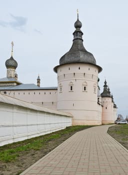 Wooden dome tower and wall of Rostov Kremlin in Rostov Velikiy, Russia