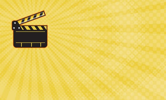 Business card showing Illustration of an open movie camera slate clapper board viewed from front done in retro style. ...