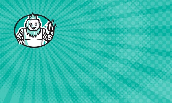 Business card showing Illustration of a robotic poseidon holding trident facing front set inside oval shape done in retro style. ...