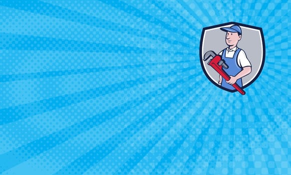 Business card showing Illustration of a handyman wearing hat looking to the side holding pipe wrench viewed from front set inside crest shield done in cartoon style. ...