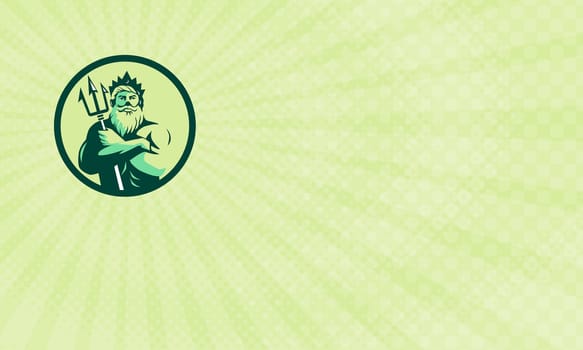 Business card showing Illustration of triton mythological god arms crossed holding trident viewed from front set inside circle done in retro style. ..