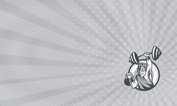 Business card showing Illustration of a berserker, a champion Norse warrior wearing pelt of bear skin lifting barbell and kettlebell viewed from front set inside circle done in retro style. ...