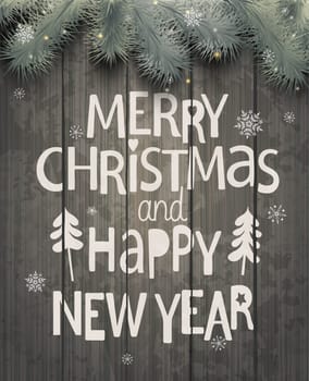 Xmas and New Year Holiday Greeting Cards Design. Wooden Hand Drawn Background. Vector illustration.
