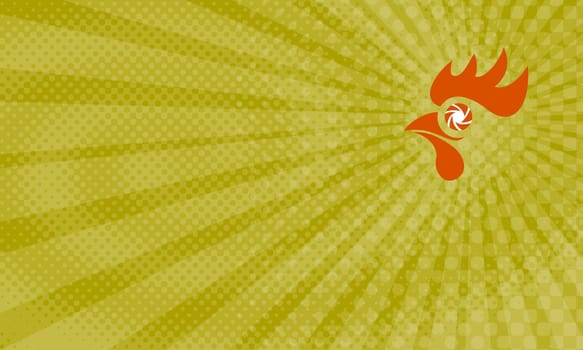 Business card showing Illustration of a rooster head with camera shutter eye set done in retro style. ...