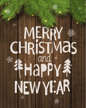Christmas and New Year Holiday Greeting Cards Design. Wooden Hand Drawn Background. Vector illustration.