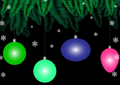 Christmas card design with fir tree branch, decoration ball
