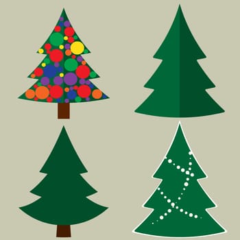 Set of Christmas trees with and without ornaments. Modern flat vector illustration.