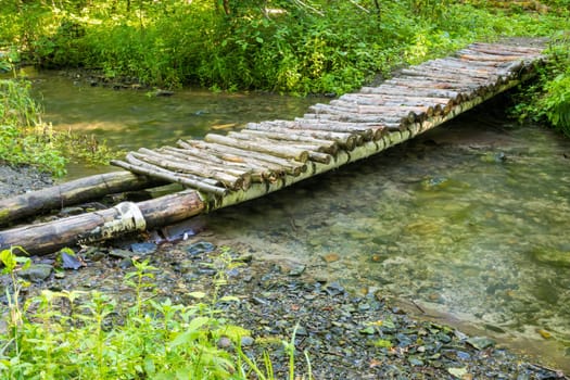 Wooden bridge over a small river forest