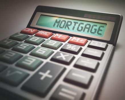 Solar calculator with the word MORTGAGE on the display. 3D illustration, concept image of Business and Finance.