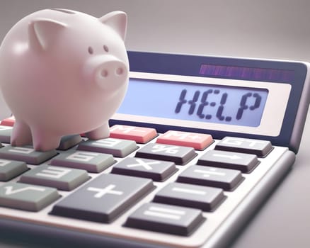Piggy bank on a calculator that shows the word "HELP"" on the display. 3D illustration with several concepts: Help finances, Help business, Help money, Help bank, Help Savings, Economic Crisis, etc."