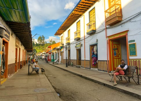 SALENTO, COLOMBIA - JUNE 8: View of activity in a street in Salento, Colombia on June 8, 2016