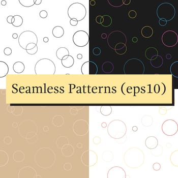 Seamless pattern textures set. Geometric ornament with colorful circles on black. Vector illustration