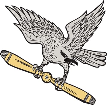 Illustration of a shrike, a carnivorous passerine birds of the family Laniidae clutching propeller blade looking to the side viewed from front set on isolated white background done in retro style.