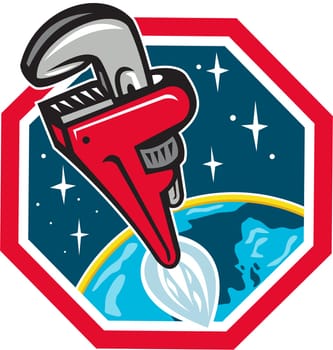 Illustration of a pipe wrench rocket booster blasting off from earth to space set inside hexagon shape done in retro style.