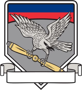 Illustration of a shrike, a carnivorous passerine birds of the family Laniidae clutching propeller blade looking to the side viewed from front set inside shield crest on isolated background done in retro style.