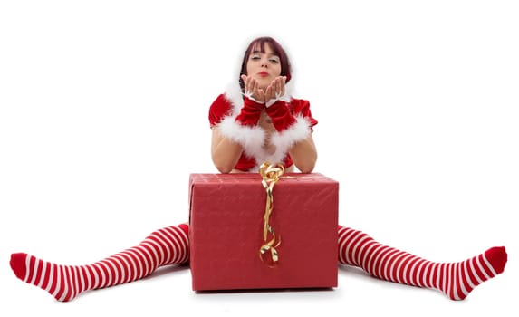 pretty young girl dressed as Santa on the floor