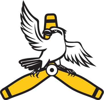 Illustration of a shrike, a carnivorous passerine birds of the family Laniidae perching on a propeller blade looking to the side with spread wings viewed from front set  on isolated white background done in retro style.