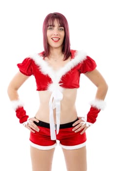 Beautiful sexy girl in Christmas costumes posing on a white background