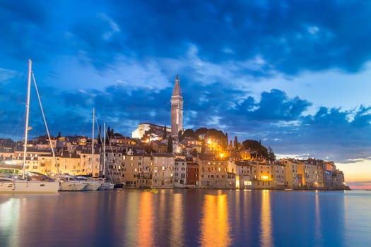 Coastal town of Rovinj, Istria, Croatia in sunset. Romantic Rovinj is a town in Croatia situated on the north Adriatic Sea Located on the western coast of the Istrian peninsula.