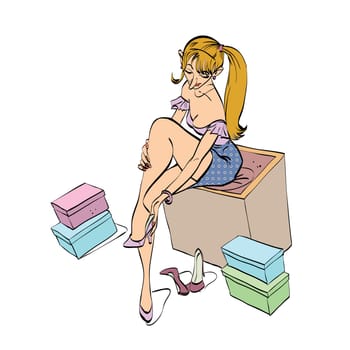 Caricature of a young woman trying on shoes, color vector illustration isolated