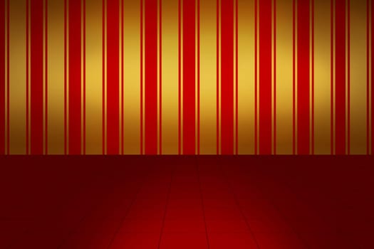 striped wallpaper and a red floor in a room