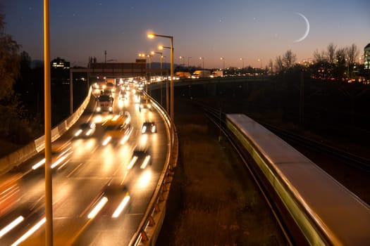 highway in evening, moon and stars