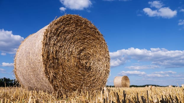 straw bales in summer with blue sky and clouds
