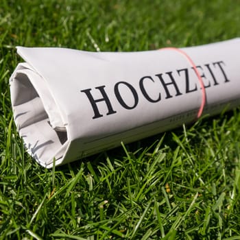 wedding newspaper on green meadow