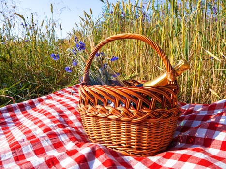 picnic blanket with champagne, strawberries and croissant