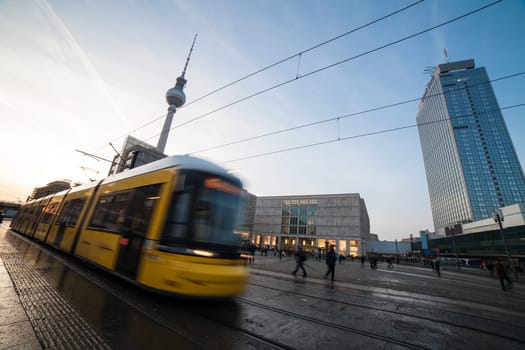 public transport at berlin alexander platz, in background television tower
