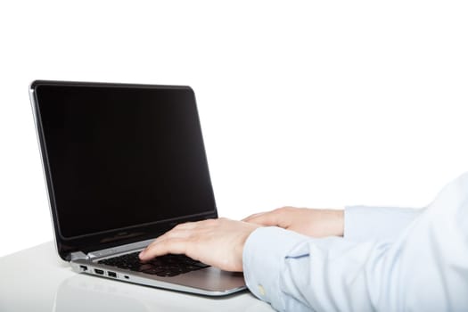 writing on laptop, white background