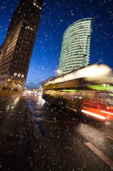snow at potsdamer platz in berlin