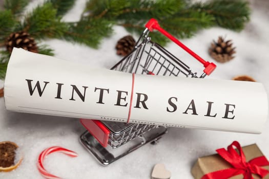 winter sale newspaper and shopping cart