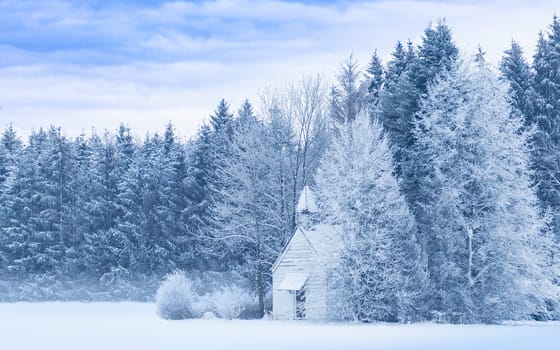 Idyllic serene winter landscape with snowy frosty forest and snowbound small woody chapel on snowfield. Blue and white filtered and toned panoramic stock photo.