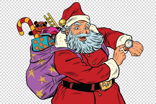 Santa Claus shows on the clock, New year and Christmas, pop art retro vector illustration. Checkered background to simulate transparency