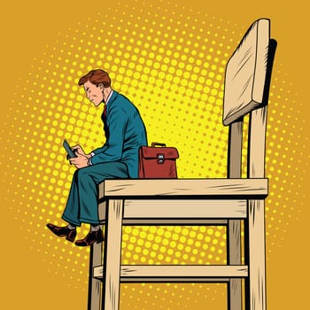 Small business man on the big chair, and smartphone, pop art retro vector illustration