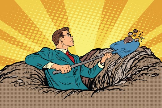 Businessman with a shovel digging, pop art retro vector illustration. The funeral and cemetery. Treasure and discovery